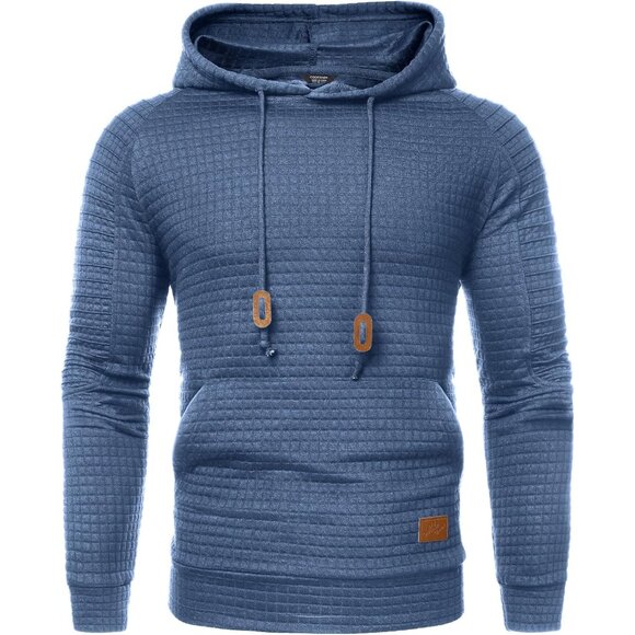 Men's Grey Blue Hoodie Pullover Casual Long Sleeve Drawstring Waffle Sweatshirt - Picture 4 of 5